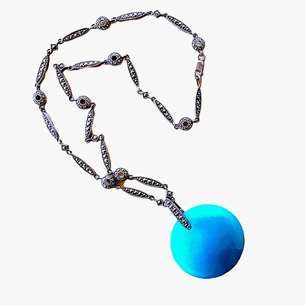 Aqua Teal Faceted Judith‎ Jack Pendant Necklace Marcasite .925 Sterling - Picture 3 of 6